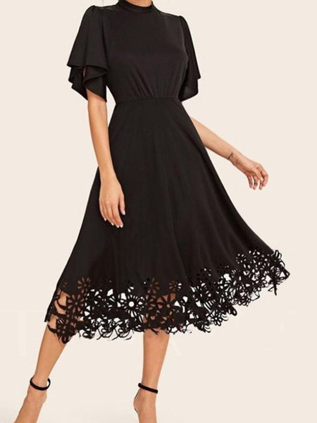 

Work Plain Short Sleeve Midi Dress, Black, Midi Dresses