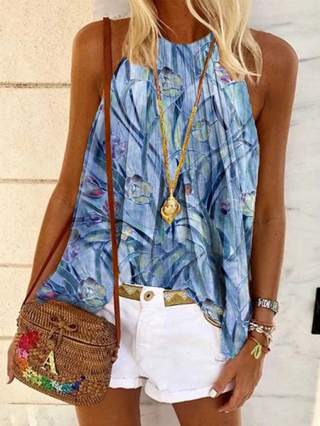 Senza Maniche Scollato Casuale Chiffone Top, Blu, Blouses & Shirts