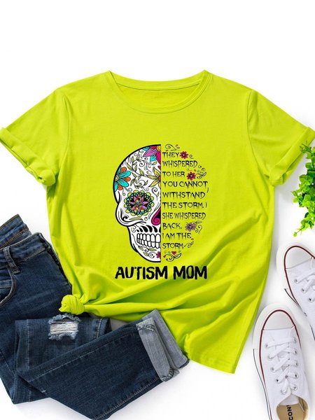 

Autism Mom Graphic Round Neck Short Sleeve Tee, Fluorescent green, T-shirts