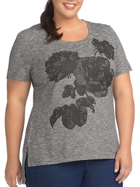 

Floral Round Neck High Low Short Sleeve Tops, Gray, T-Shirts