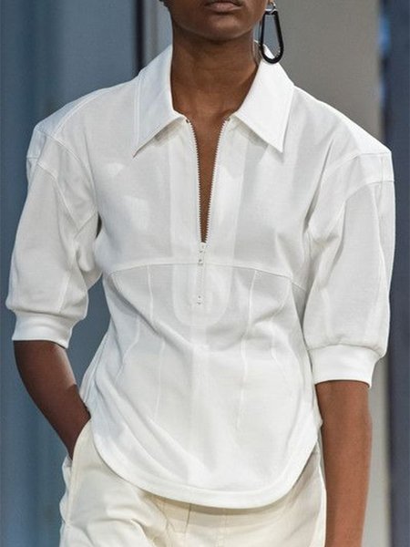 

Vintage Tinta unita Cerniera Statement taglia grande Maniche Corte Scollo a V Casuale Camicia Top, Bianco, Blouses & Shirts