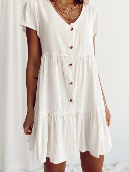 

Front Button Placket Ruffle Hem Short Sleeve White Mini Shift Dress, Casual Dresses