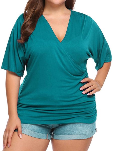 

Casual V Neck Cotton Solid Tops, Teal, Tops