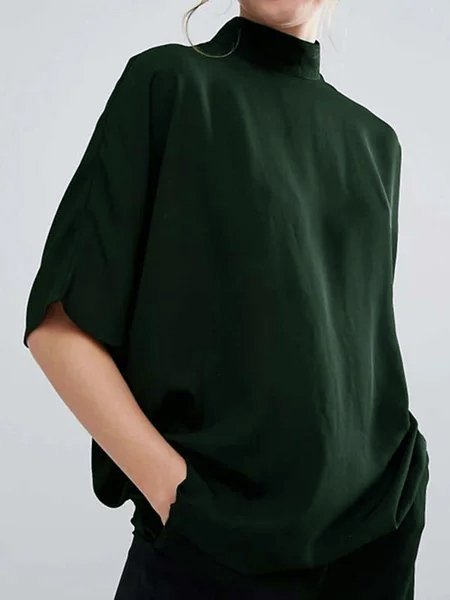 

Maniche Corte Misto Cotone Solido dolcevita Top, Verde, T-Shirts