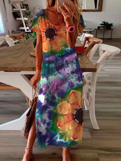 

Floral Casual Crew Neck Knitting Dress, As picture, Floral Dresses