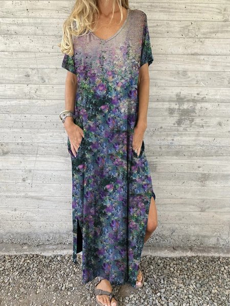 

Floral V Neck Casual Knitting Dress, Navy blue, Floral Dresses