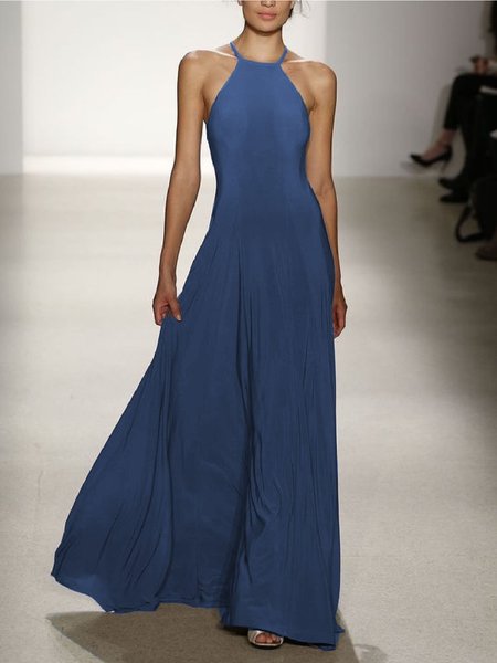 

Vintage Solido senza maniche Girocollo Abito, Blu, Maxi Dresses