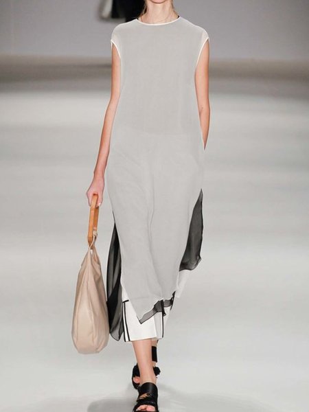 

Abito Misto Cotone Girocollo Elegante, Grigio, Dresses