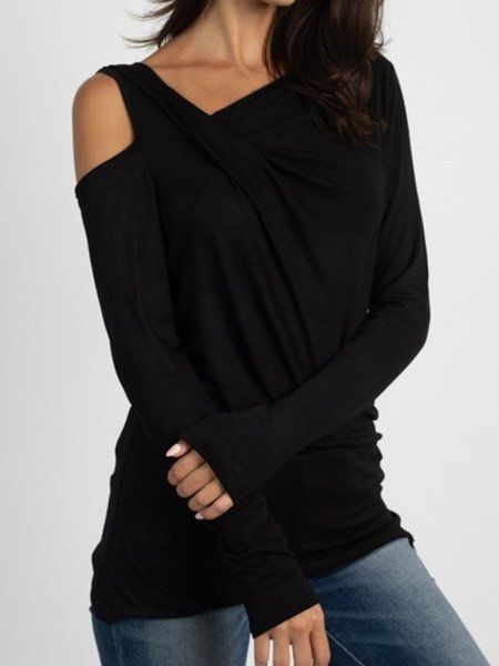 

Long Sleeve Cotton-Blend Solid One Shoulder T-shirt, Black, T-Shirts