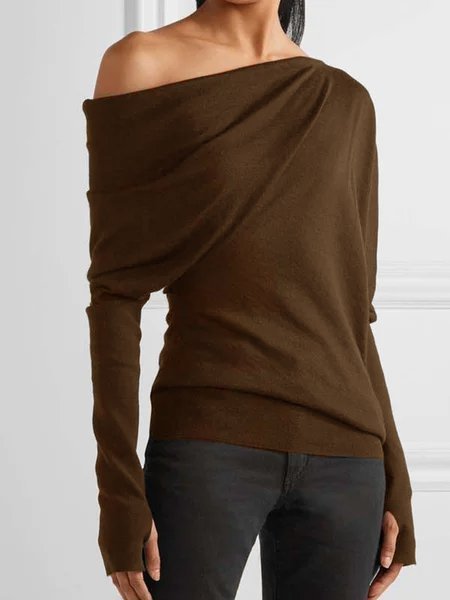

Maniche Lunghe Solido Una Spalla Casuale Top, Caffè, T-Shirts