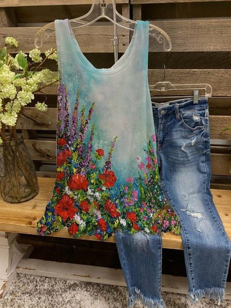 

Vintage Stampata Floreale Senza Maniche Casuale Top, Fiore, Tops