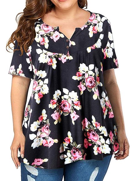 

Floral Casual Short Sleeve Tops, Black, T-Shirts