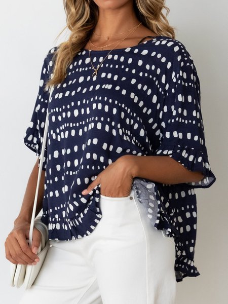 

Casual Cotton-Blend Frill Sleeve T-shirt, Blue, T-Shirts