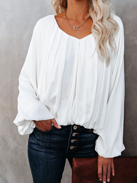 Camicie & Top Solido Bohemian Casuale, Bianco, Blouses & Shirts