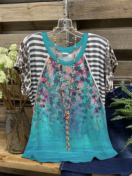 

Abstract Floral Graphic Round Neck Short Sleeve Loose Top, As picture, T-shirts