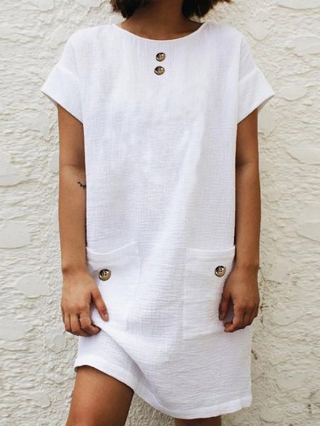 

Casual Cotton-Blend Crew Neck Weaving Dress, White, Casual Dresses