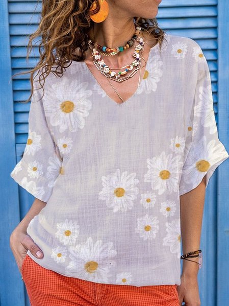 

V Neck Floral Half Sleeve T-shirt, White, T-Shirts