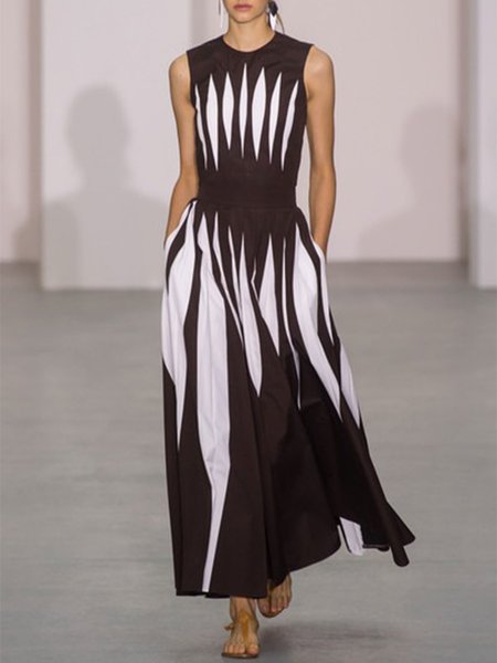 

Vintage Elegante Tinta unita Colore-block taglia grande senza maniche Gonna Casuale, Nero bianco, Maxi Dresses