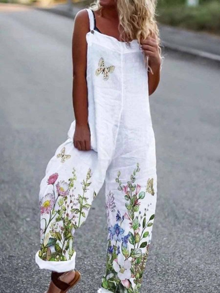 

Casual Floral Sleeveless Pants, White, Jumpsuits & Rompers