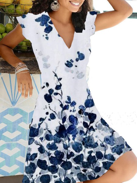 

Floral Short Sleeve Printed Cotton-blend V neck Vintage Summer Dress, Blue, Short