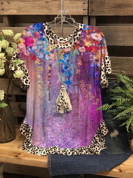 

Colorful Flower Graphic Round Neck Short Sleeve Loose Top, As picture, T-shirts