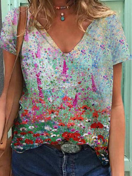 

Cotton-Blend Short Sleeve V Neck Casual T-shirt, Blue, Tees & T-shirts