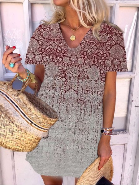 

Plus Size Vintage Boho Holiday Short Sleeve Tribal Casual Dresses, Red, Dresses