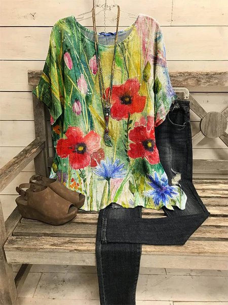 

Spring Field Graphic Round Neck Short Sleeve Loose Top, As picture, T-shirts