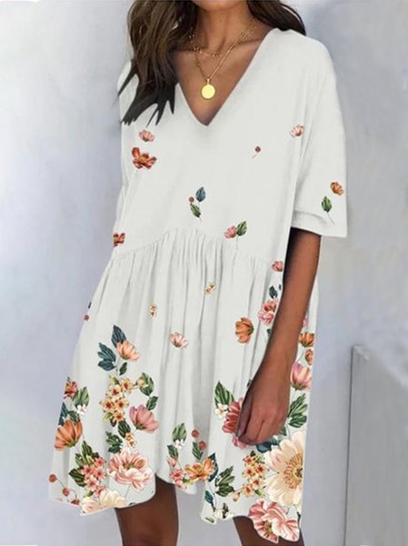

Vintage Bohemian Vacanza A-line Scollo a V Maniche Corte Abito, Bianco, Linen & Cotton Dresses