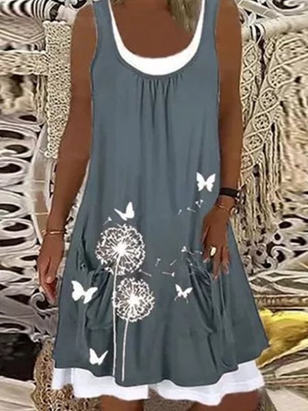 

Spaghetti senza maniche A-line Stampato Abito, Grigio, Dresses