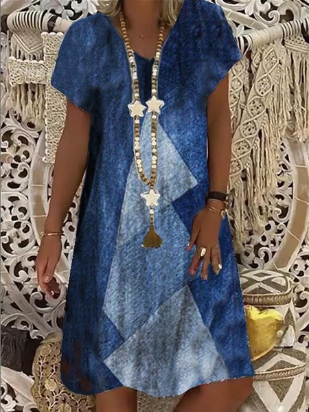 

Geometric Shift Short Sleeve Weaving Dress, Blue, Casual Dresses