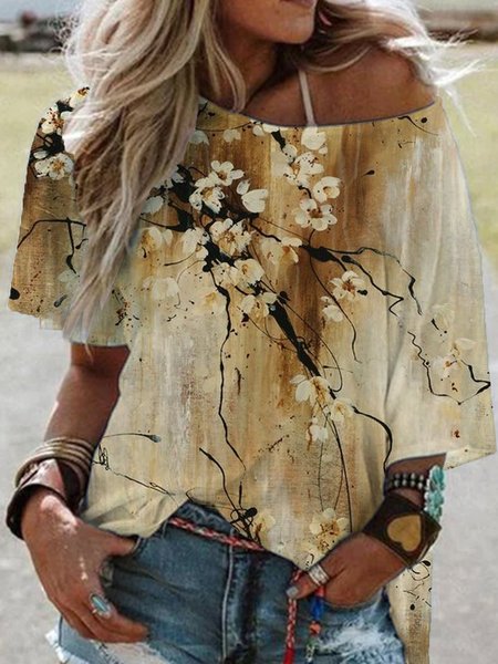 

Floreale Maniche Corte Stampato Girocollo Vintage Estate Cachi T-shirt Misto Cotone, Blouses & Shirts