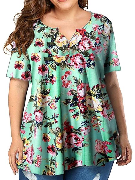

Casual Short Sleeve Tops, Green blue, T-Shirts