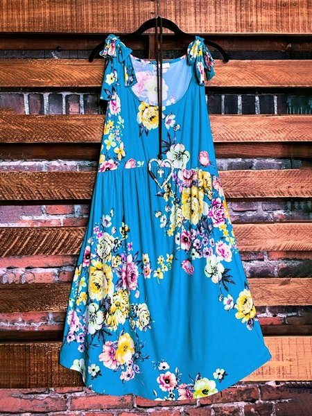 Rose Floral Tie Sleeveless Dress, Blue, Floral Dress