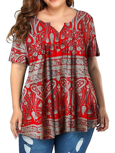 

Casual Short Sleeve Cotton Tops, Red, T-Shirts