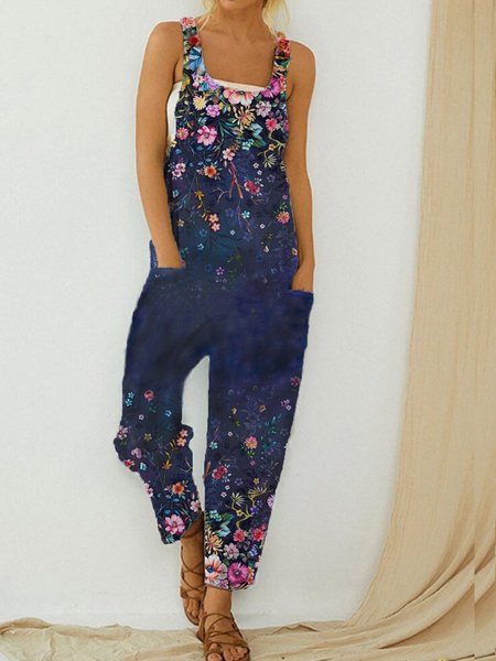 

Floral Spaghetti-Strap Holiday Printed Jumpsuit, Navy blue, Overalls