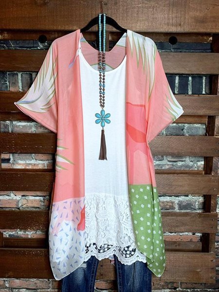 

Beach Vacation Wind Flamingo Contrast Stitching Cardigan, Brick red, Blouses