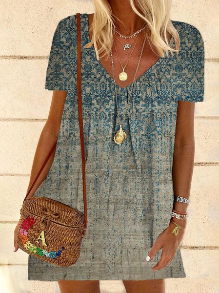 

Plus Size Vintage Holiday Boho Hippie Short Sleeve Casual Women Dress, Blue, Mini Dresses