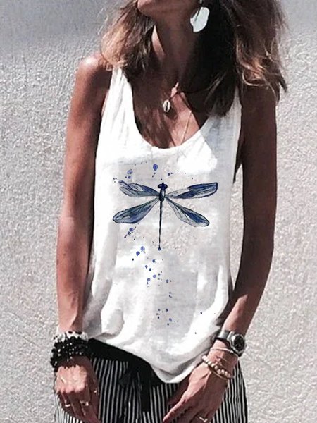 Dritto Senza Maniche Stampato Girocollo Top, Bianco, Tops
