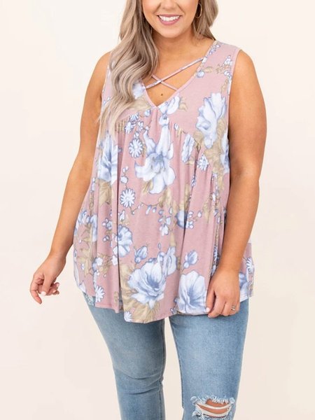 

V Neck Casual Sleeveless Tops, Pink, Shirts & Blouses