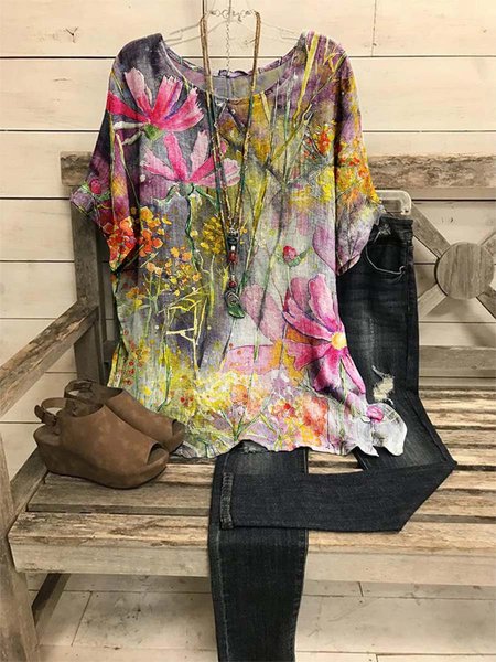 

Colorful Flower Graphic Round Neck Short Sleeve Loose Top, As picture, T-shirts