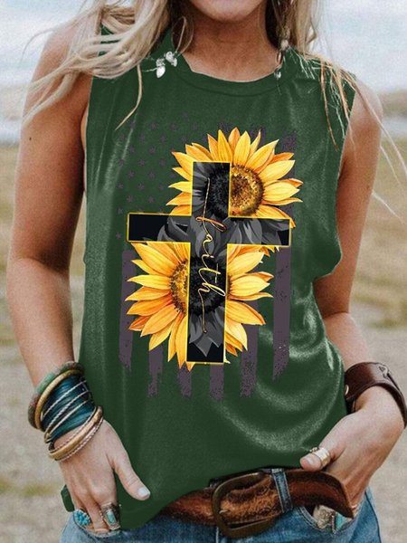 

Faith Sunflower Women Graphic Sleeveless Shirt Summer Top, Dark green, Tank Tops