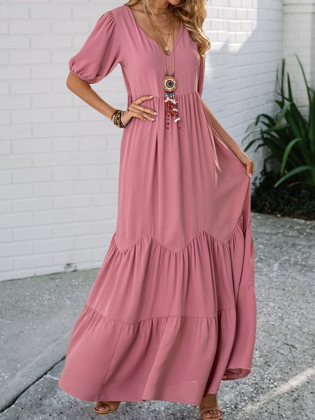 

V Neck Pink Swing Tiered Maxi Dress, Maxi Dresses