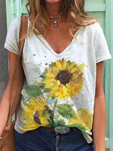 

Casual Floral Short Sleeve T-shirt, White, T-Shirts