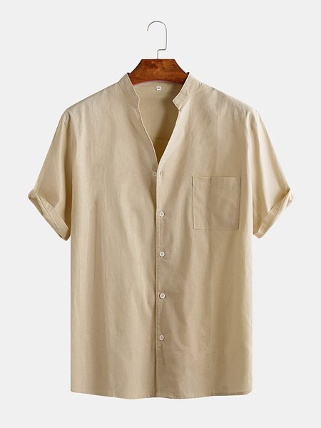 

Mens Linen Soild Brief Breathable Short Sleeve Stand Collar Casual Shirt, Khaki, Men's shirts