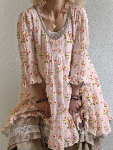 

Linen Casual Crew Neck Women Dress, Pink, Midi Dresses