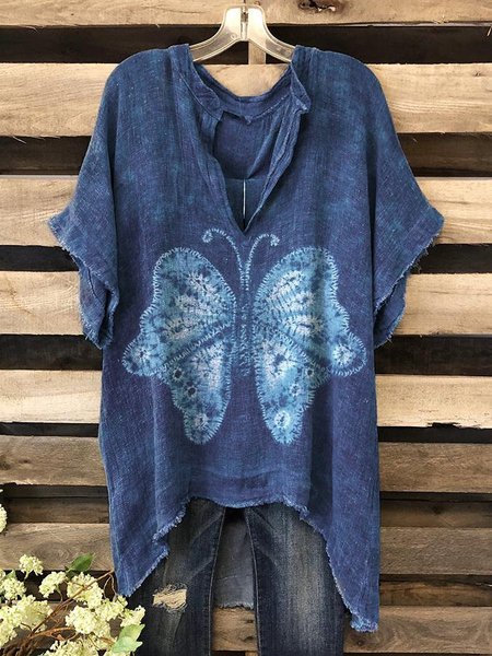 

V Neck Casual Ombre/tie-Dye Tops, Navy blue, Blouses & Shirts