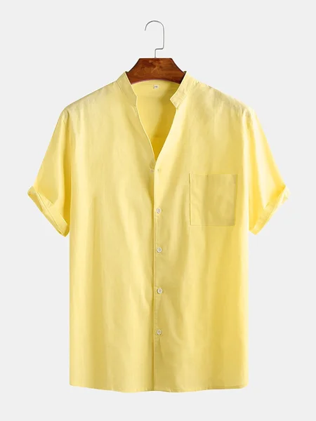 

Mens Linen Soild Brief Breathable Short Sleeve Stand Collar Casual Shirt, Yellow, Men's Floral shirt