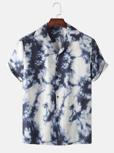 

Men's Printed Patchwork National Style Short Sleeve Casual Loose Shirt, Navy blue, Men's Floral shirt