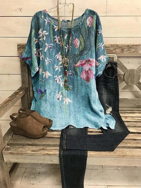 

Orchid Graphic Round Neck Short Sleeve Loose Top, As picture, T-shirts